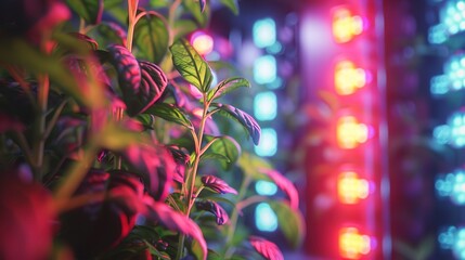 Vertical farm LED growth lights, vibrant indoor ambiance, eye-level, year-round produce