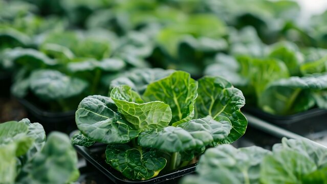 Hydroponic collards grown in a lab using genetic engineering for new traits. Concept Hydroponic Gardening, Genetic Engineering, Collard Greens, Sustainable Agriculture