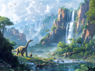 A waterfall surrounded by a dense jungle with three dinosaurs roaming.