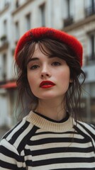 A portrait of a typical young French woman in a striped sweater and a red beret with red lipstick on her lips, against the backdrop of Parisian streets.