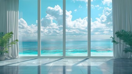 Virtual yoga room backdrop with serene ocean view for peaceful meditation . Concept Virtual Backgrounds, Yoga Room, Ocean View, Peaceful Meditation