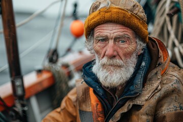 A portrait of an old Irish fisherman in a fishing jacket on his boat.  Labor Day concept, Fisherman's Day
