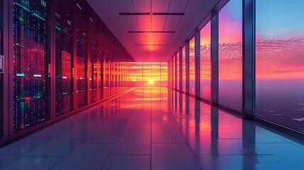 Technological Tranquility: A Sunset Embrace in the Server Corridor