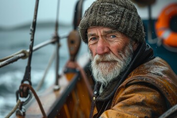 Obraz premium A portrait of an old Irish fisherman in a fishing jacket on his boat. Labor Day concept, Fisherman's Day