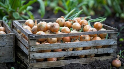 a wooden crate filled with freshly picked onions in a garden
