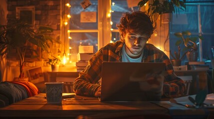 E-learning platform on laptop, cozy study nook light, over-the-shoulder, home schooling 