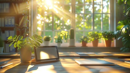 Digital classroom tablets on desk, soft morning light, eye-level, paperless learning
