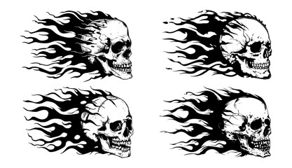 black and white tattoo skull and fire logo or icon	