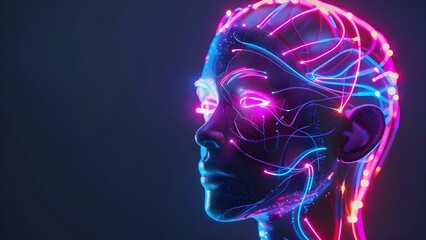 Profile of humanoid head with vibrant neon neural network symbolizing futuristic AI . Concept Neon AI, Futuristic Technology, Humanoid Profile, Vibrant Colors