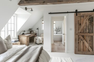 A bright, airy white attic bedroom with a sliding barn door leading to the bathroom, featuring natural wood accents and clean lines for an open concept design