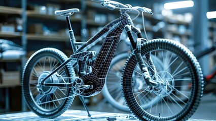 Obraz premium Virtual wireframe prototype of electric mountain bike in display factory simulation . Concept Electric Mountain Bike, Wireframe Prototype, Display Factory Simulation, Virtual Modeling