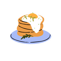 Stack of hash browns with scrambled egg. Pile of fried potato pancakes, roasted hashbrowns on plate. American breakfast meal. Delicious hotcakes. Flat isolated vector illustration on white background