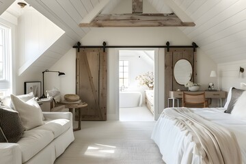 A bright, airy white attic bedroom with a sliding barn door leading to the bathroom, featuring natural wood accents and clean lines for an open concept design