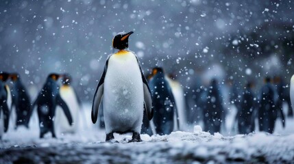 A group of penguins are standing in the snow