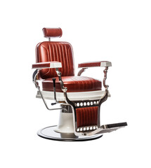 Fototapeta premium modern barber chair in leather with chrome accents and footrest, on a white background. Generative AI