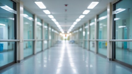 Fototapeta premium Blur image background of hospital clinic corridor empty hallway glass window ceiling door healthcare