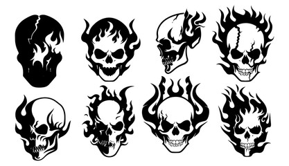 black and white tattoo skull and fire logo or icon	