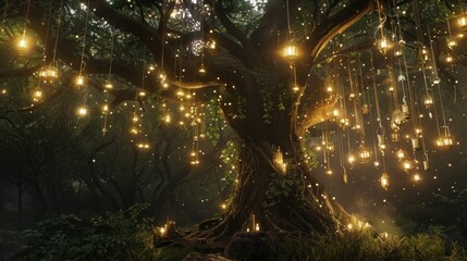 In the midst of a deep enchanted forest stands a towering tree adorned with ornate illuminated mcripts hanging from its branches. . .