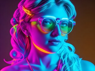 A young woman with colorful hair and glasses is seen posing, presented in style characterized by soft tonal transitions a vibrant color scheme, and luminous hues Beauty portrait of a girl neon shades.