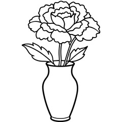 Carnation flower on the vase outline illustration coloring book page design, Carnation flower on the vase black and white line art drawing coloring book pages for children and adults