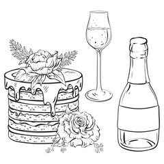 Artistic black and white drawing of a cake, wine bottle, and wine glass