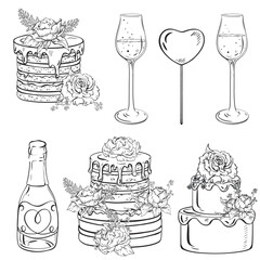 Black and white art of a wedding cake, wine glasses, and a champagne bottle