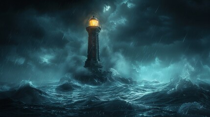 A lighthouse is shown in the middle of a stormy sea