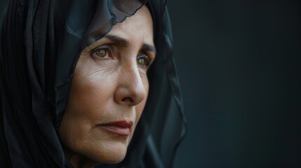 portrait of a mature woman wearing a hijab looking to the side