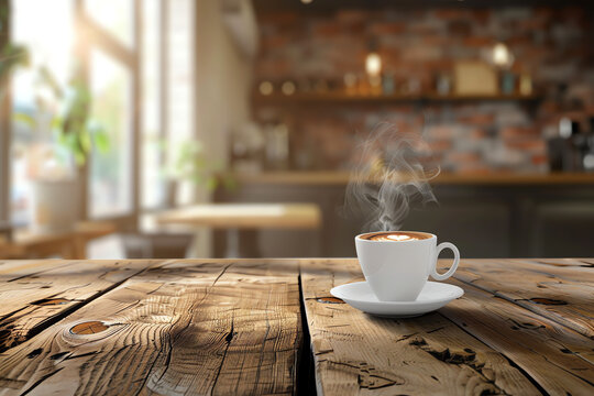 A steaming cup of coffee on a rustic wooden table in a cozy café with soft morning light