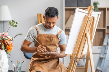 Middle-aged Asian man, skilled painting artist, donning an apron. Proficient in art, creativity,...