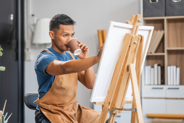 Middle-aged Asian man, skilled painting artist, donning an apron. Proficient in art, creativity, inspiration, and canvas work, utilizing various tools to express imagination.