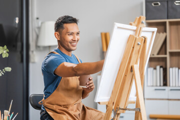 Middle-aged Asian man, skilled painting artist, donning an apron. Proficient in art, creativity,...