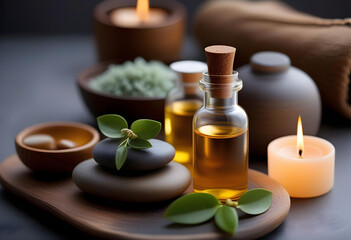 A spa composition with aroma oil on a grey table,  candles, and towels