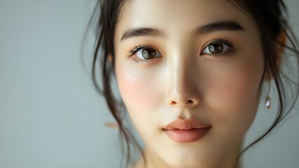 Closeup portrait of Asian woman with smooth skin in studio lighting. Concept Asian woman, Smooth skin, Portrait, Studio lighting, Closeup