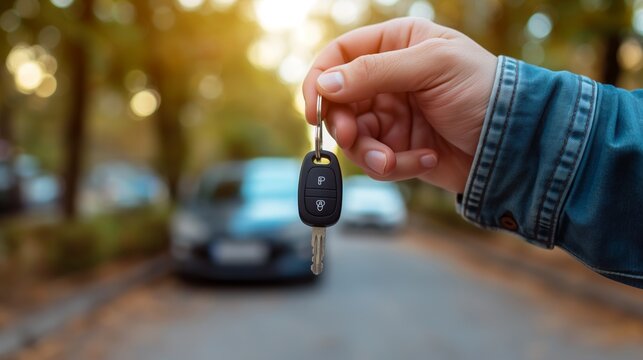 Close-up of hand holding car keys with remote control, symbolizing new ownership and freedom, Concept of autonomy, personal transport, and convenience