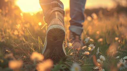 close-up of hiker hiking shoes over grass and flowers with blur sunset nature background