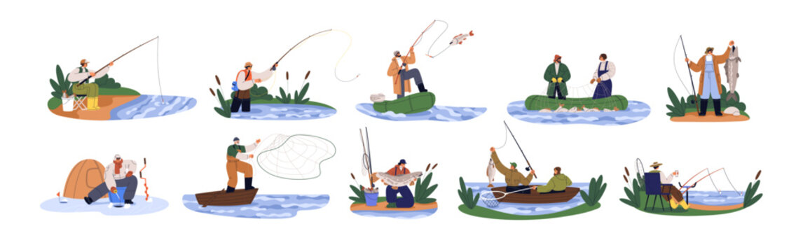 Fisherman fishing set. Fishers with rod, sport angler, net, bait from lake shore and on boat in river. People catching trophy fish. Flat graphic vector illustrations isolated on white background