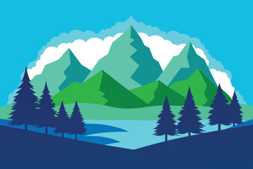 Silhouette of nature landscape. Mountains, forest in background. Blue and green illustration design