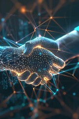 Close up of a digital handshake initiating a cyber secure merger between two tech giants