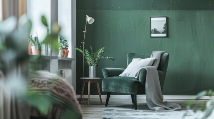 Elegant green accented living room with modern decor.