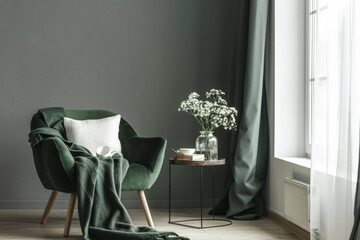 Elegant green accented living room with modern decor.