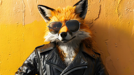 fox with a black leather jacket and sunglasses, on a yellow background