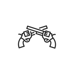 Icon depicting crossed pistols, symbolizing themes related to firearms, defense, law enforcement, and the historical concept of a duel. Appropriate for use in historical firearms. Vector illustration