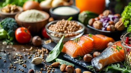 Nutritious brainboosting foods like nuts fish and vegetables for optimal health. Concept Healthy Eating, Brain Boosting Foods, Nutritious Diet, Well-being, Optimal Health