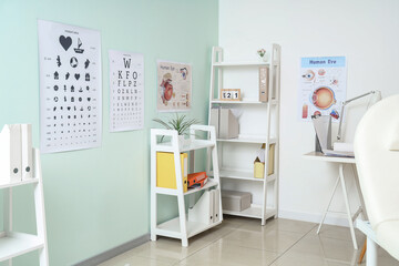 Interior of ophthalmologist's office with shelf units