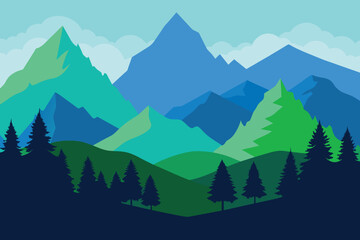 Silhouette of nature landscape. Mountains, forest in background. Blue and green illustration design
