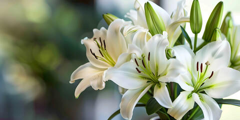 beautiful white lily mourning flower White Lily flowers in a garden Summer concept Floral background for website greeting card
