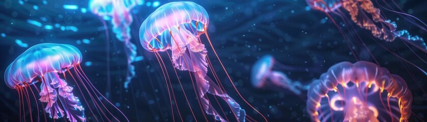 Bioluminescent jellyfish lighting up an underwater music festival, their glow pulsating in rhythm with the beats