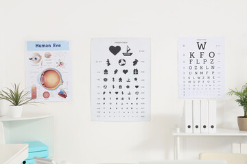 Eye test charts on light wall at oculist's office