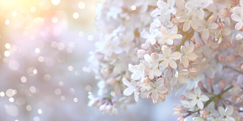 White Lilac Flower Branch on a Defocused Blur Bokeh Effect Background with Copy Space for Your Text Spring Cherry Blossom Abstract Background of Macro Cherry Blossom Tree Branch Happy Passover